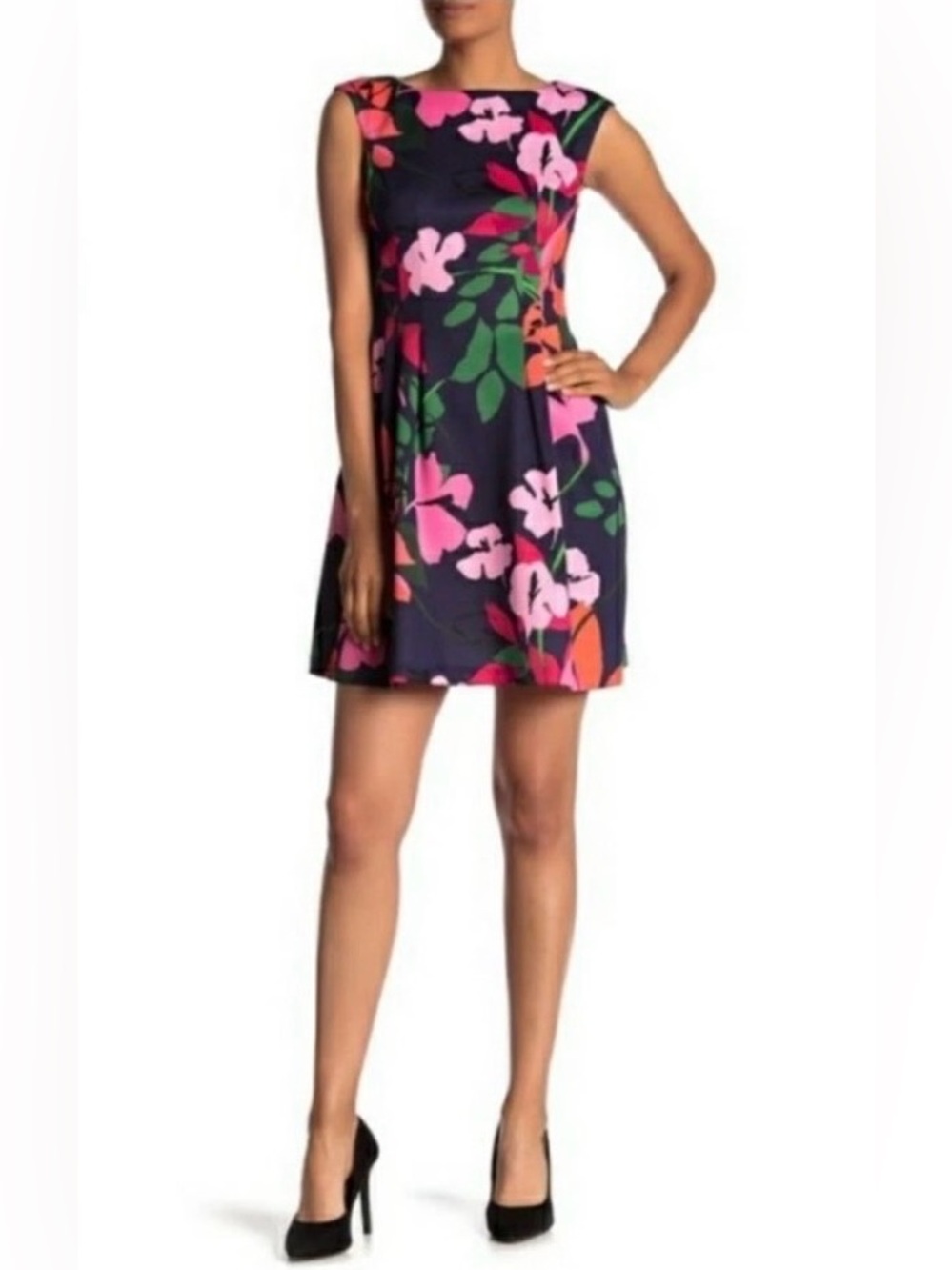 Vince Camuto Floral Scuba Fit & Flare Dress Navy Pink Sleeveless with Pockets 14